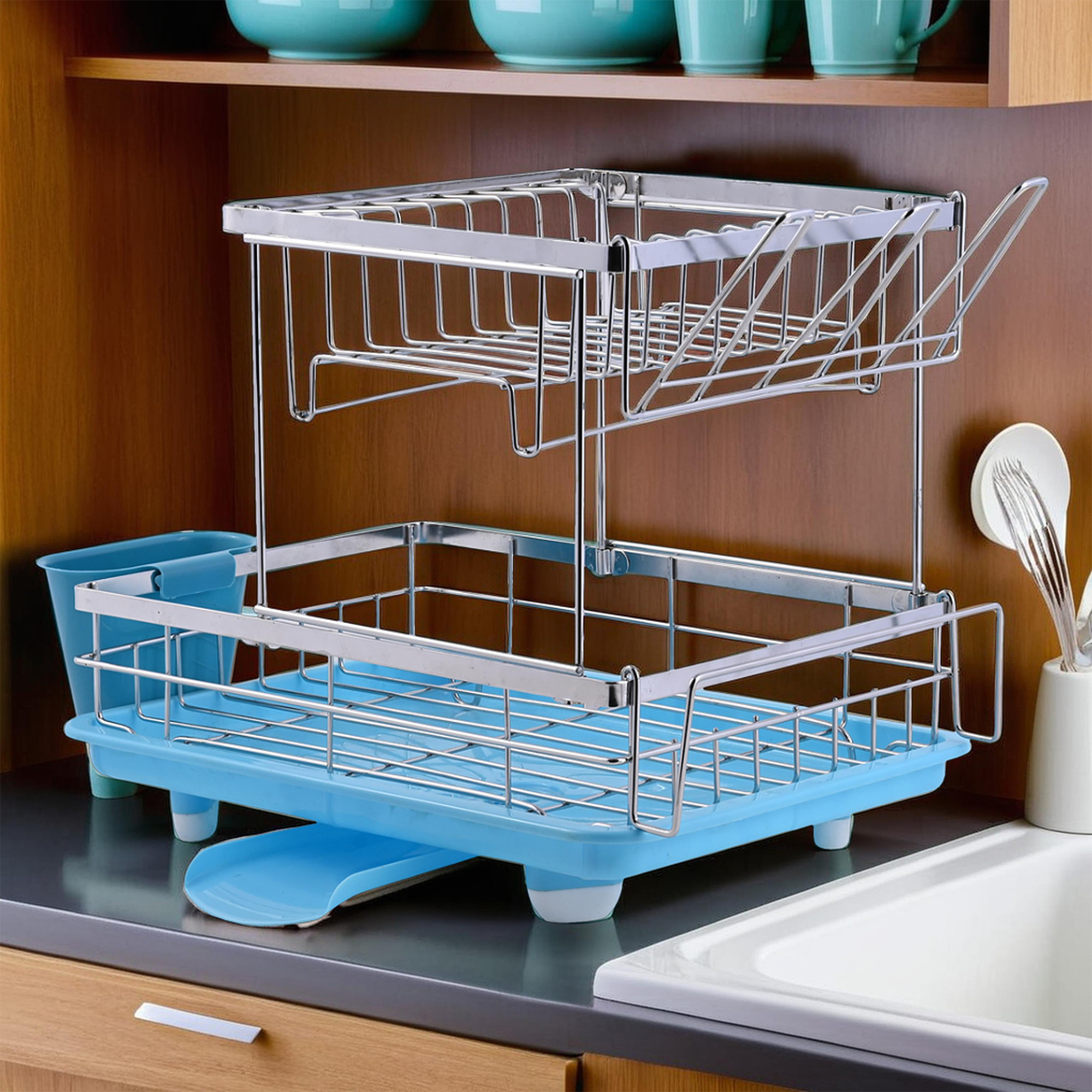 Kuber Industries Stainless Steel Spoon  Dish Drainer Basket for Kitchen with Water Drainer Bottom  Utensils Plate  Bartan Stand Organizer  Kitchen Drying Rack  Silver - Cyan
