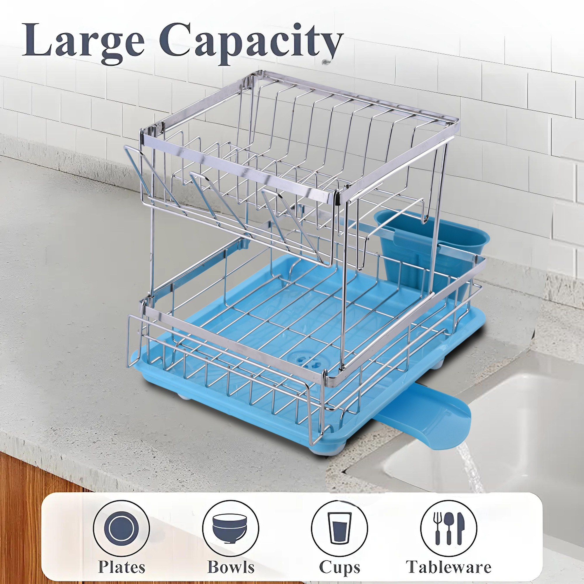 Kuber Industries Stainless Steel Spoon  Dish Drainer Basket for Kitchen with Water Drainer Bottom  Utensils Plate  Bartan Stand Organizer  Kitchen Drying Rack  Silver - Cyan