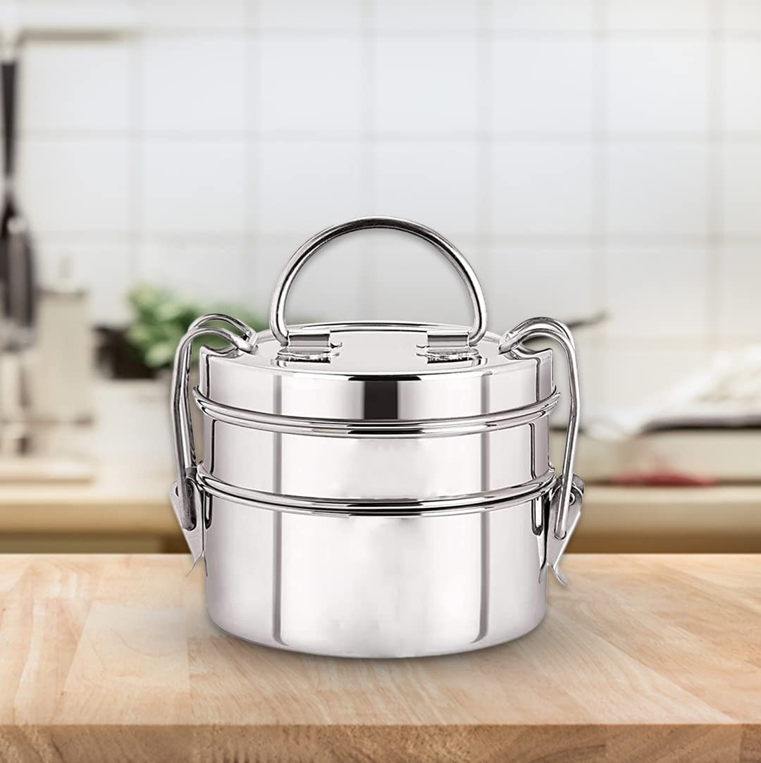 Kuber Industries Stainless Steel Tiffin Box for Lunch I 1500 ml I 2 Containers I Leak Proof, Rust Proof, Food Grade Steel | 2 Tier Compartment Lunch Box for Office/Food Container with Handle
