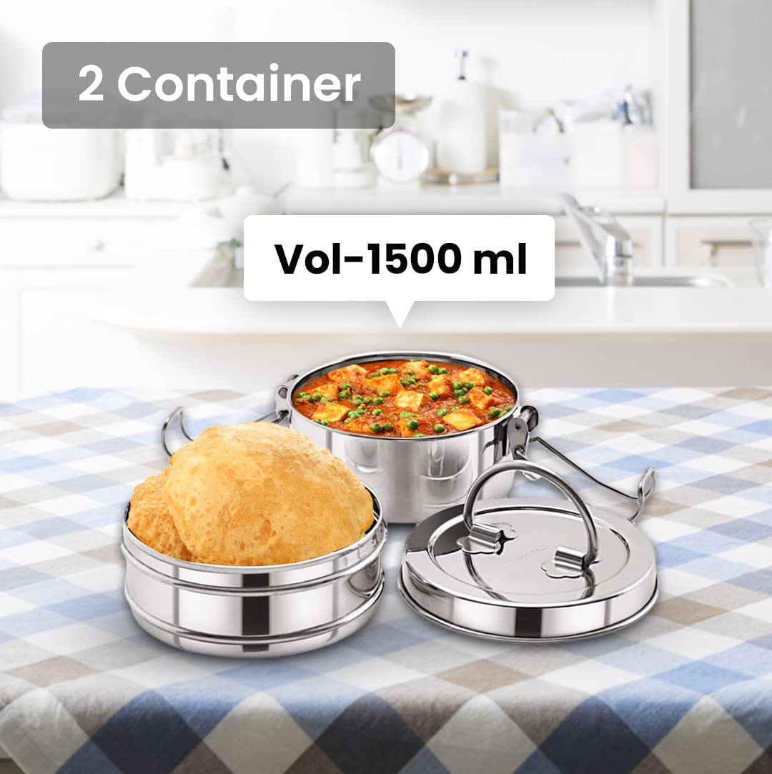Kuber Industries Stainless Steel Tiffin Box for Lunch I 1500 ml I 2 Containers I Leak Proof, Rust Proof, Food Grade Steel | 2 Tier Compartment Lunch Box for Office/Food Container with Handle