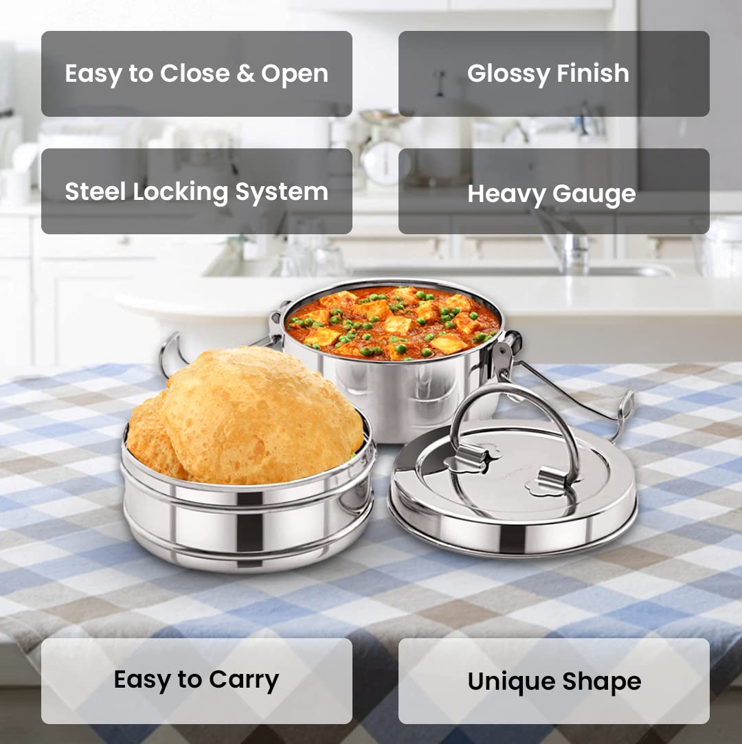 Kuber Industries Stainless Steel Tiffin Box for Lunch I 1500 ml I 2 Containers I Leak Proof, Rust Proof, Food Grade Steel | 2 Tier Compartment Lunch Box for Office/Food Container with Handle