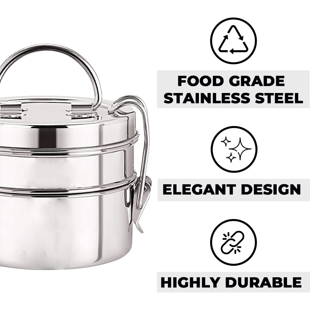 Kuber Industries Stainless Steel Tiffin Box for Lunch I 1500 ml I 2 Containers I Leak Proof, Rust Proof, Food Grade Steel | 2 Tier Compartment Lunch Box for Office/Food Container with Handle