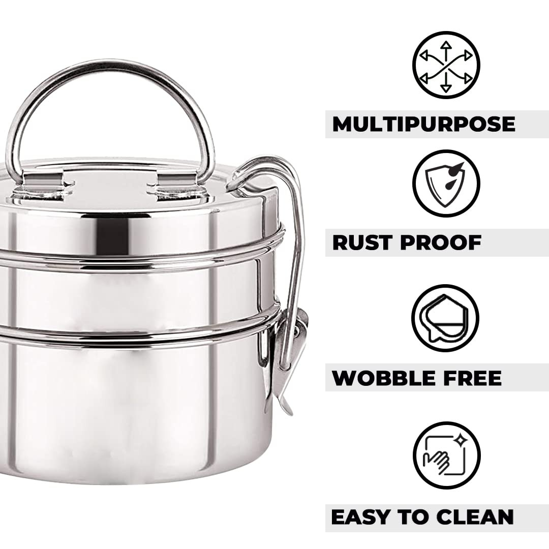 Kuber Industries Stainless Steel Tiffin Box for Lunch I 1500 ml I 2 Containers I Leak Proof, Rust Proof, Food Grade Steel | 2 Tier Compartment Lunch Box for Office/Food Container with Handle