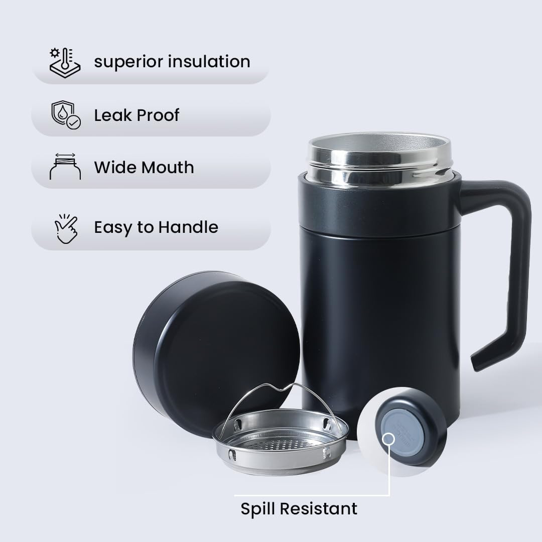 Kuber industries Stainless Steel Vacuum Insulated Mug With Lid 400 ML (Black)