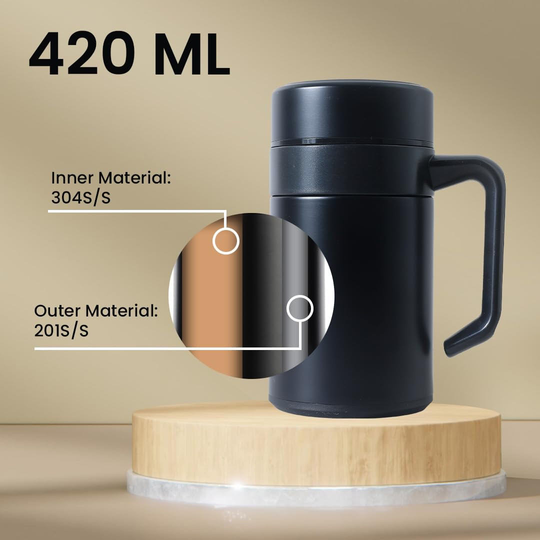 Kuber industries Stainless Steel Vacuum Insulated Mug With Lid 400 ML (Black)