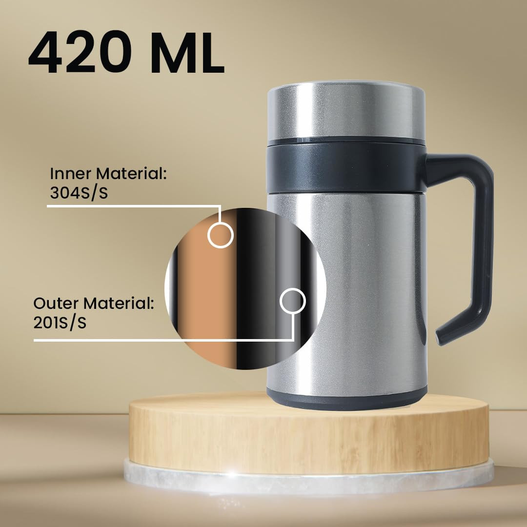 Kuber industries Stainless Steel Vacuum Insulated Mug With Lid 400 ML (Silver)