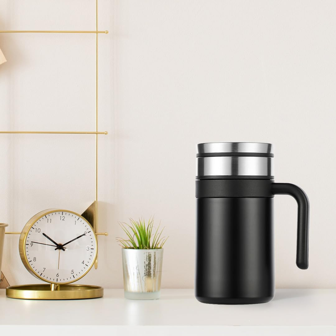 Kuber industries Stainless Steel Vacuum Insulated Travel Mug With Lid 420 ML (Black)