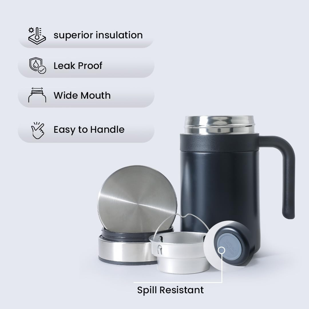 Kuber industries Stainless Steel Vacuum Insulated Travel Mug With Lid 420 ML (Black)