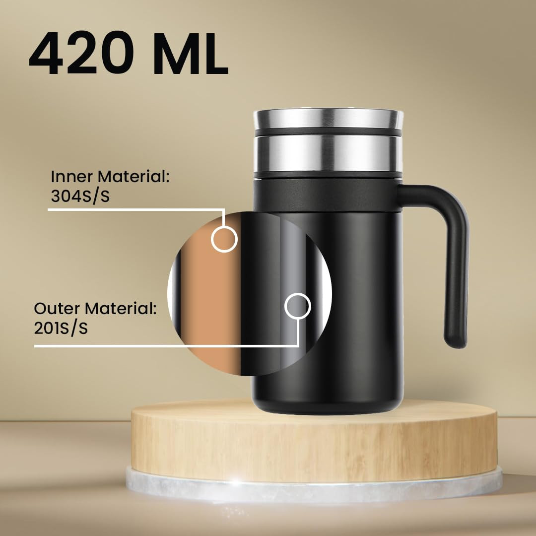 Kuber industries Stainless Steel Vacuum Insulated Travel Mug With Lid 420 ML (Black)