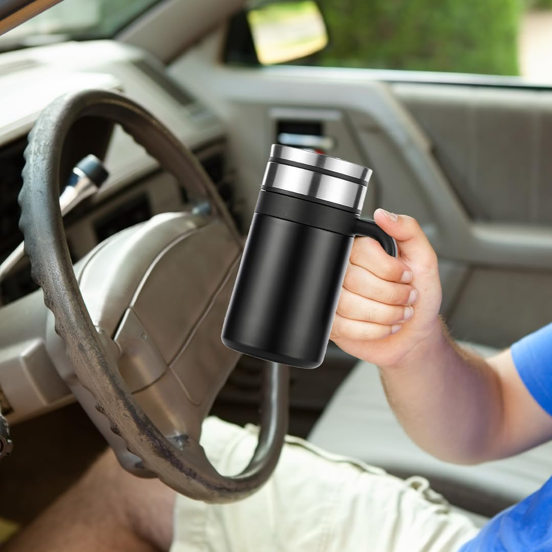 Kuber industries Stainless Steel Vacuum Insulated Travel Mug With Lid 420 ML (Black)