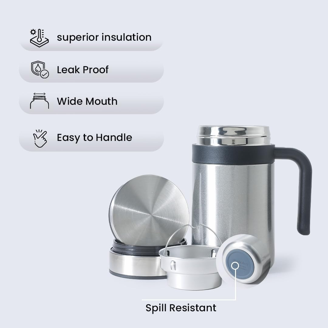 Kuber industries Stainless Steel Vacuum Insulated Travel Mug With Lid 420 ML (Silver)