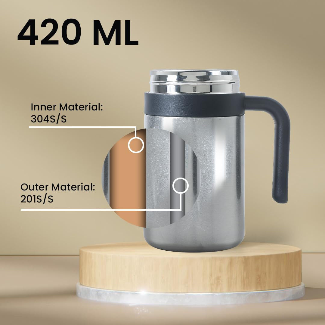 Kuber industries Stainless Steel Vacuum Insulated Travel Mug With Lid 420 ML (Silver)