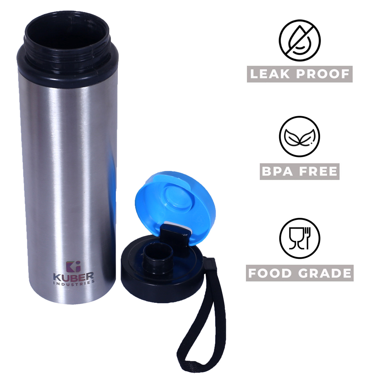Kuber Industries Stainless Steel Water Bottle |Refrigerator Bottle For School Kids With Sipper Cap & Handle 750 ML (Silver)