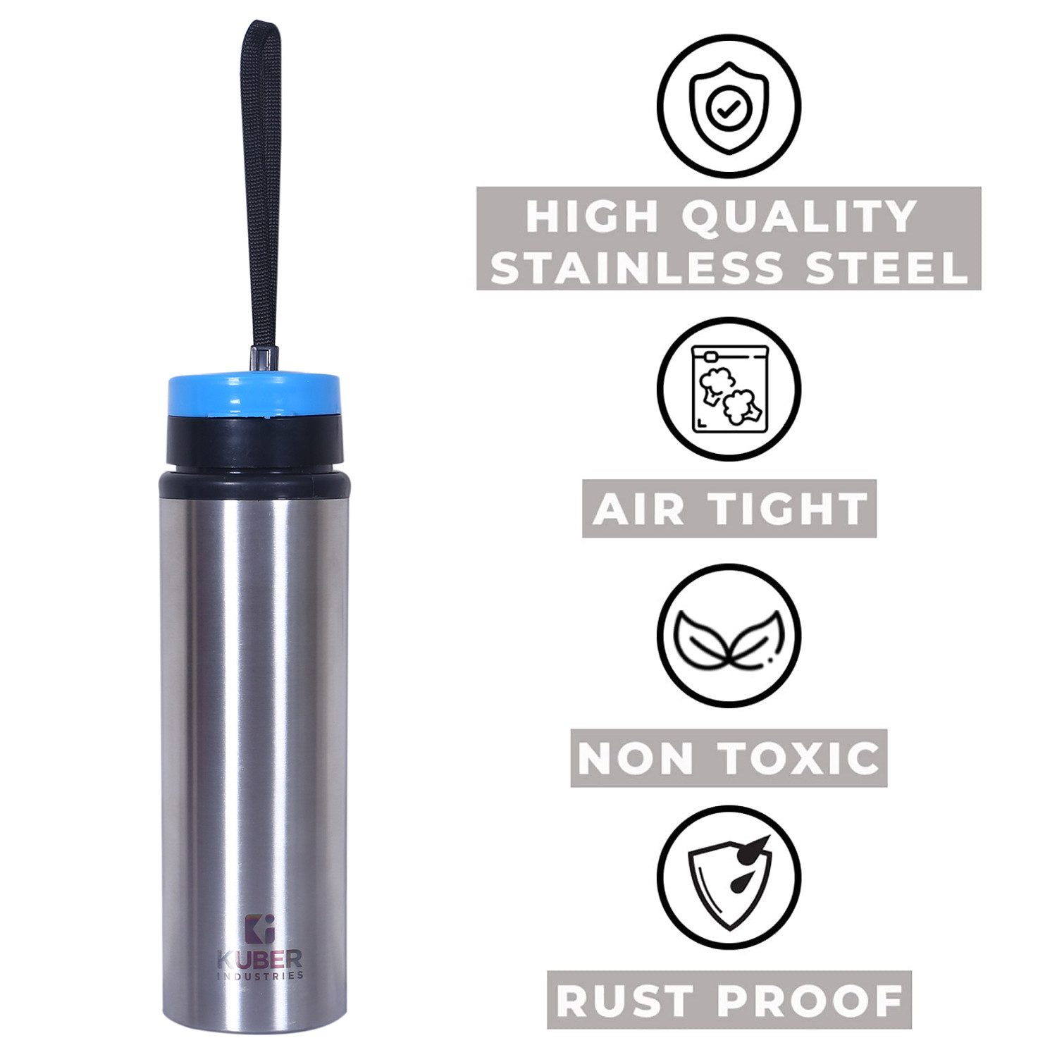 Kuber Industries Stainless Steel Water Bottle |Refrigerator Bottle For School Kids With Sipper Cap & Handle 750 ML (Silver)