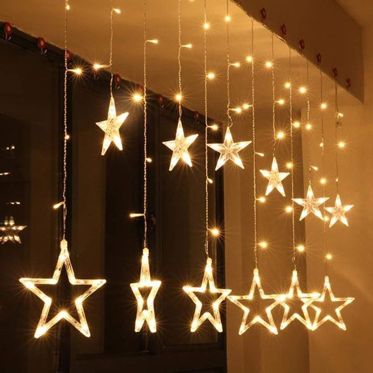 Kuber Industries Star Shape String Lights|6 Big And 6 Small Window Decoration Lights|String Fairy Lights For Christmas,Wedding Party,Diwali (Warm White)