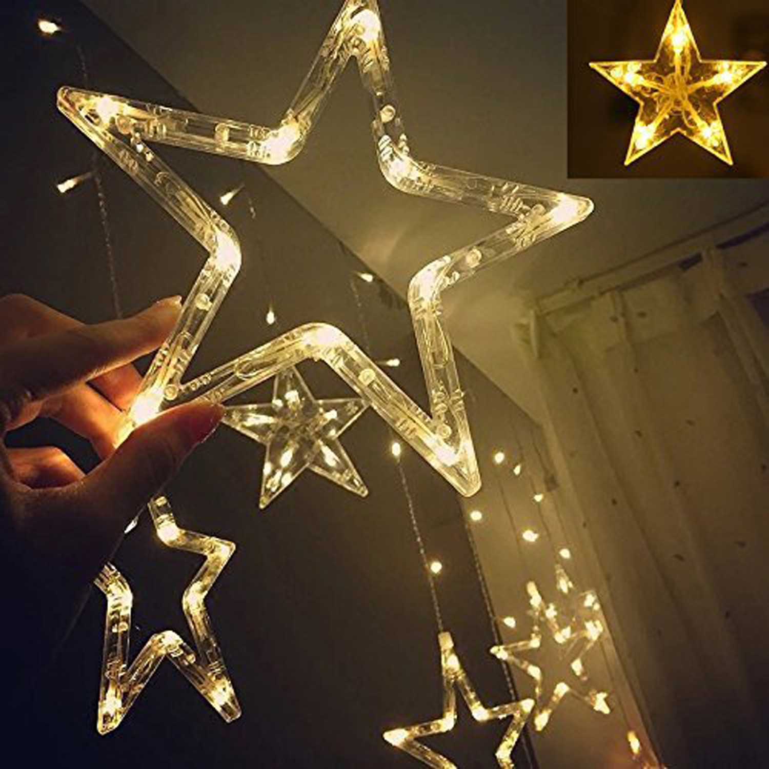 Kuber Industries Star Shape String Lights|6 Big And 6 Small Window Decoration Lights|String Fairy Lights For Christmas,Wedding Party,Diwali (Warm White)