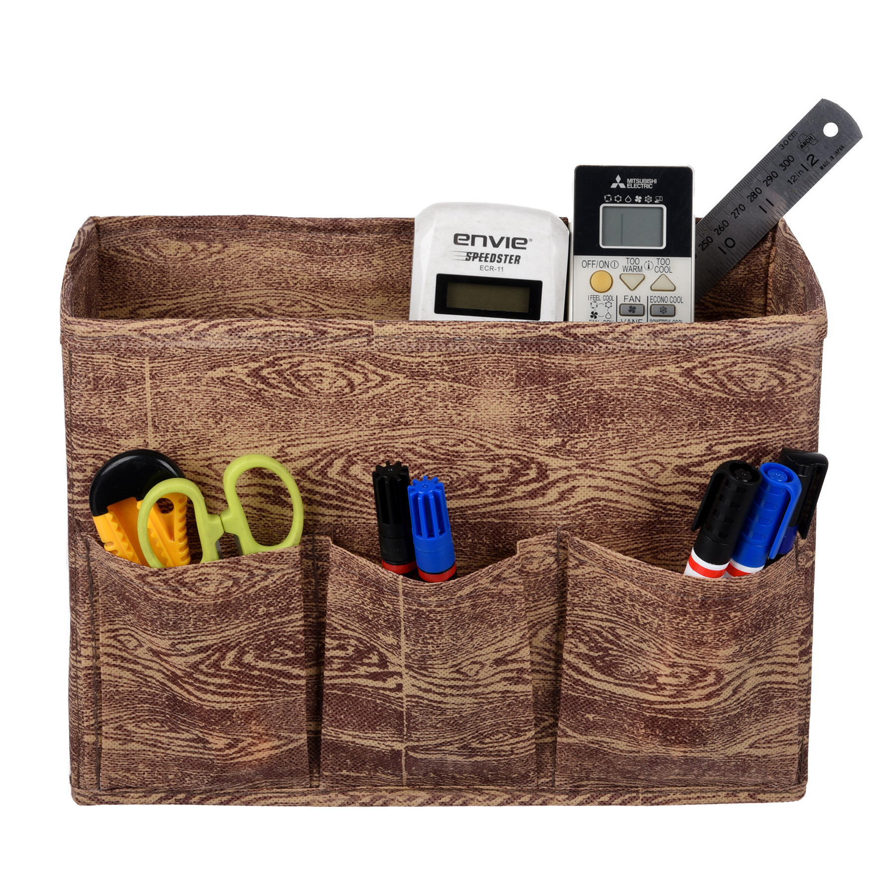 Kuber Industries Stationary Box  Non-Woven Files Organizer for Office  Desk Organizer  Stationary Organizer for Kids Room with 3 Compartment  Storage Box  Small  Wooden