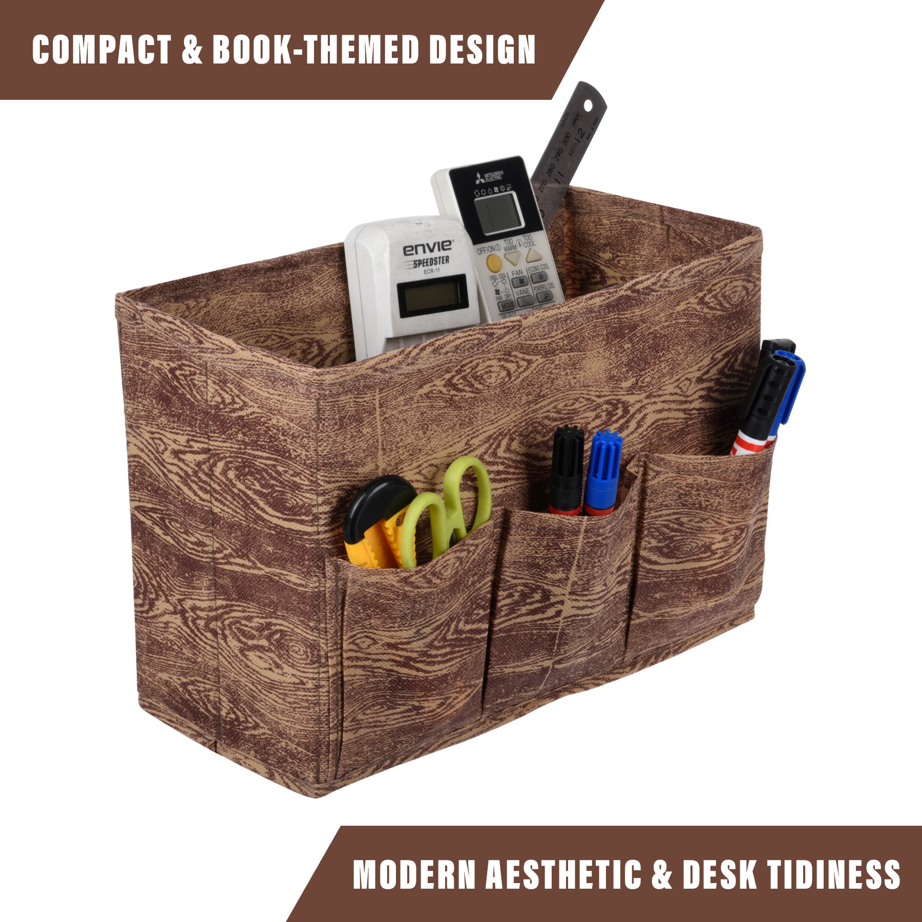 Kuber Industries Stationary Box  Non-Woven Files Organizer for Office  Desk Organizer  Stationary Organizer for Kids Room with 3 Compartment  Storage Box  Small  Wooden