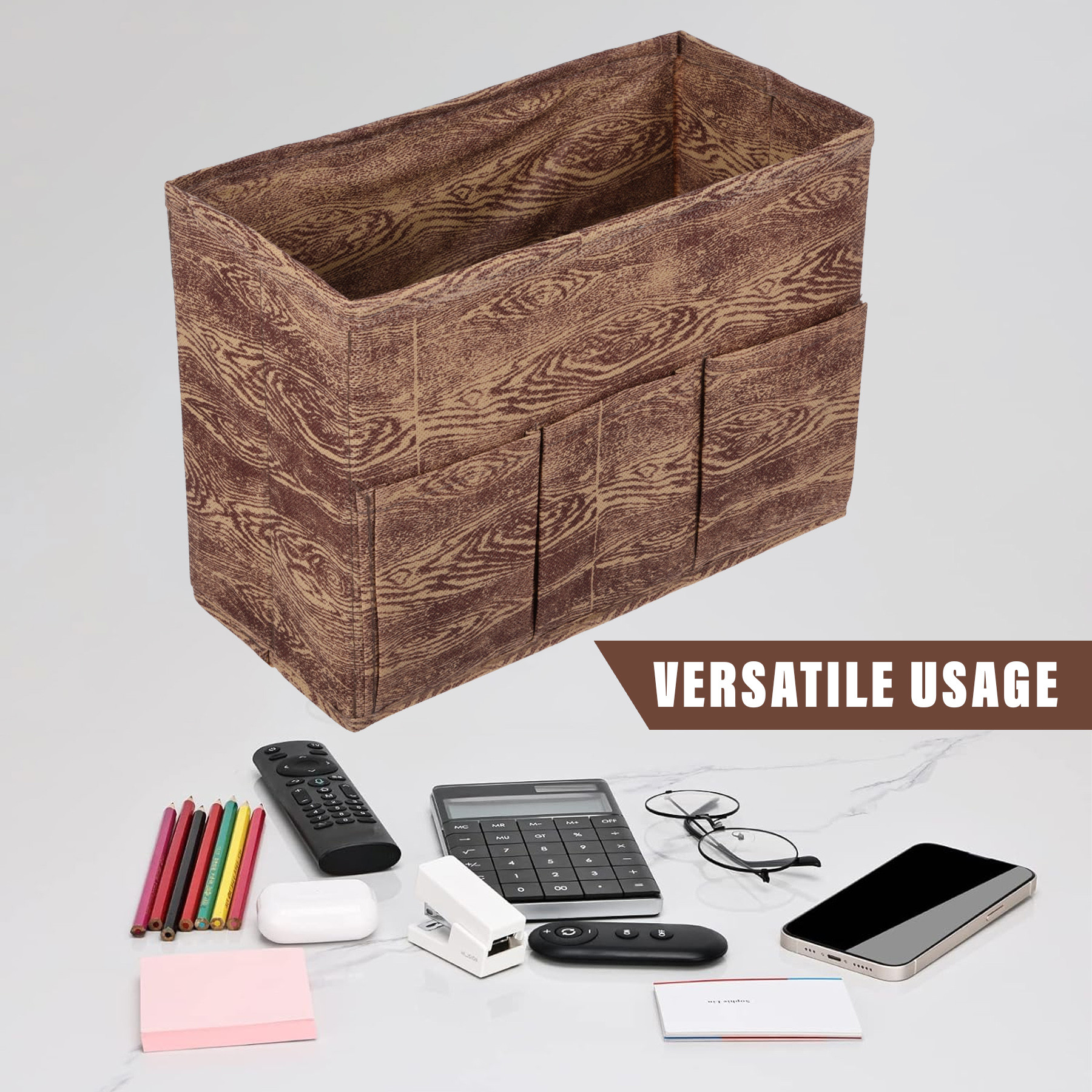 Kuber Industries Stationary Box  Non-Woven Files Organizer for Office  Desk Organizer  Stationary Organizer for Kids Room with 3 Compartment  Storage Box  Small  Wooden