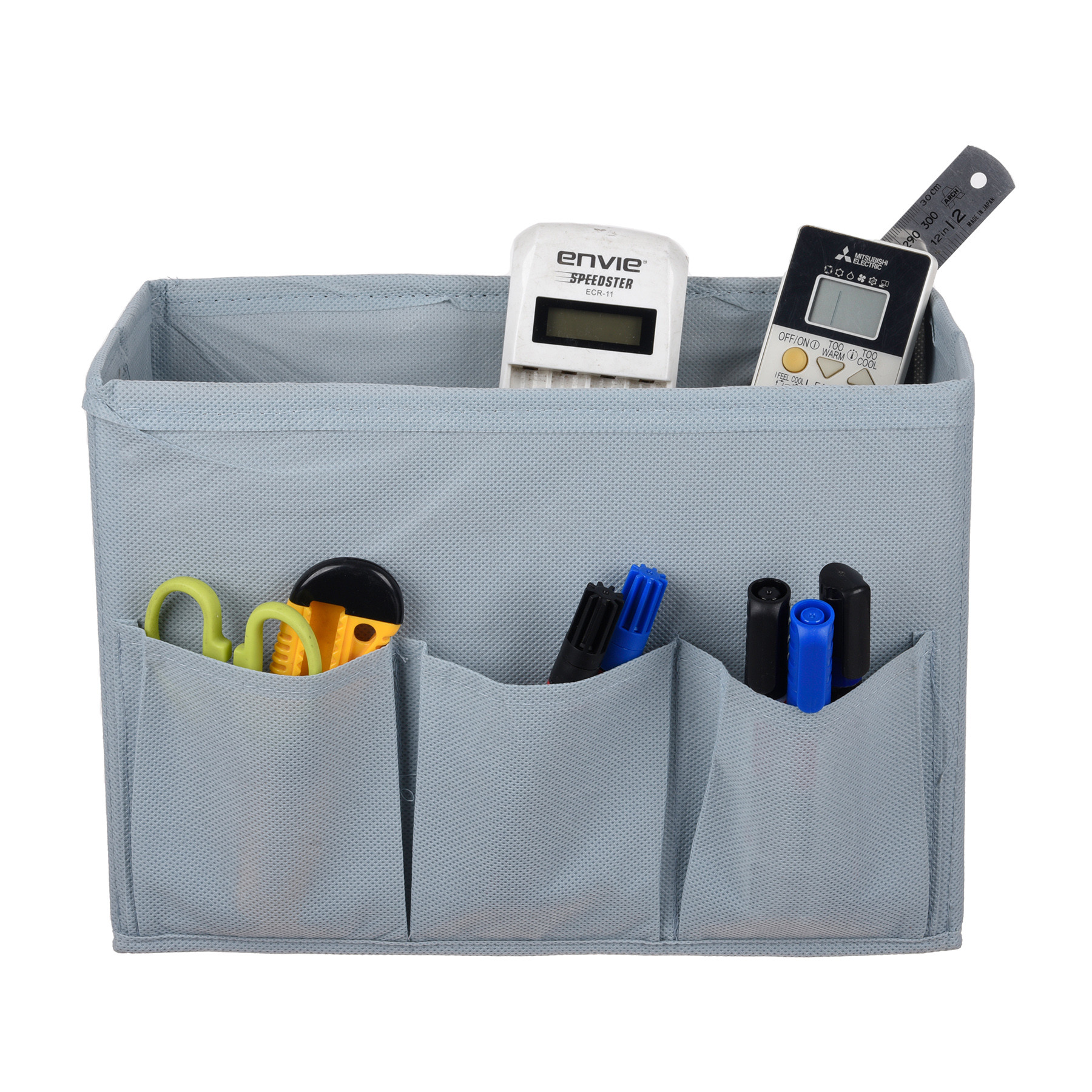 Kuber Industries Stationary Box  Non-Woven Files Organizer for Office  Desk Organizer  Stationary Organizer for Kids Room with 3 Compartment  Plain Storage Box  Small  Gray