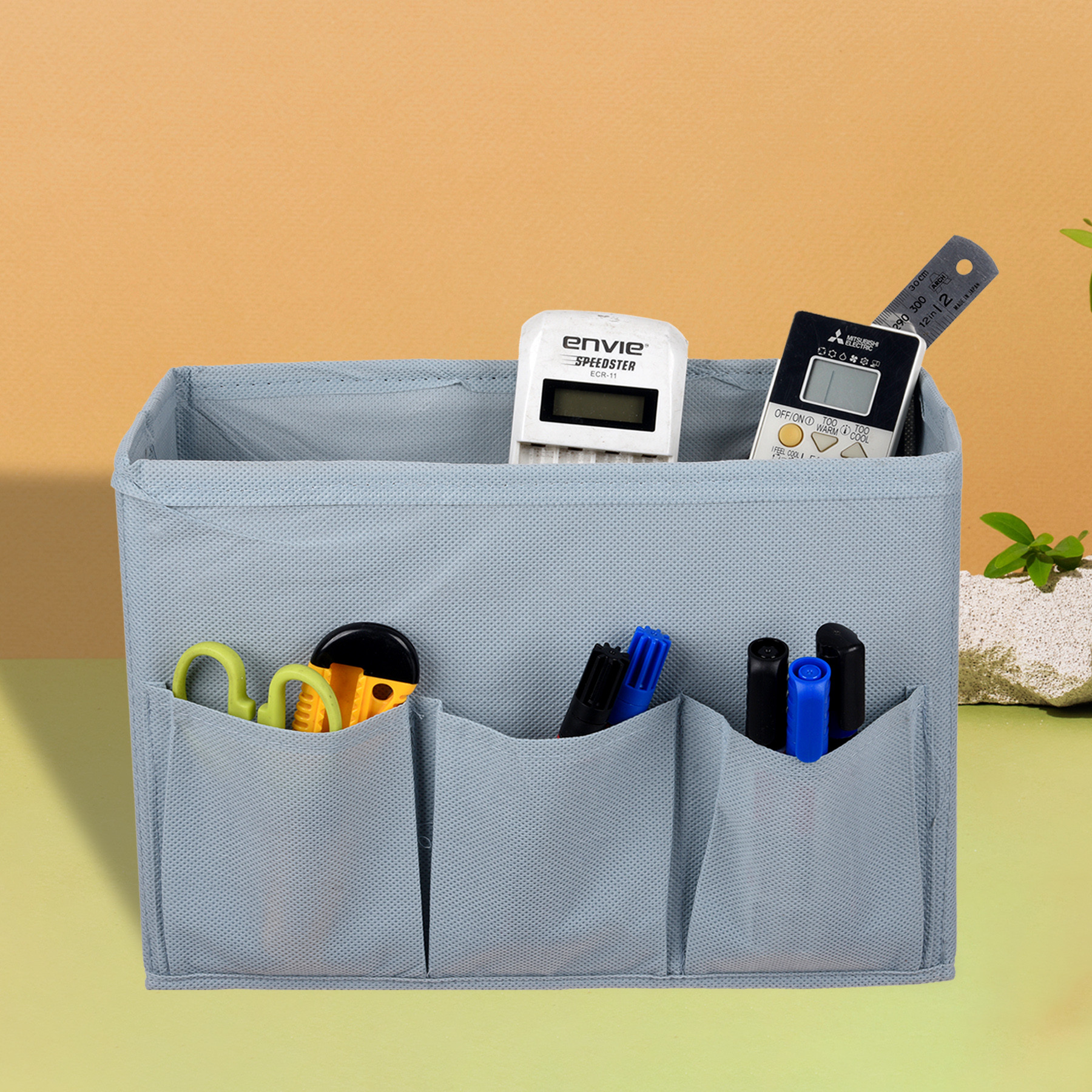 Kuber Industries Stationary Box  Non-Woven Files Organizer for Office  Desk Organizer  Stationary Organizer for Kids Room with 3 Compartment  Plain Storage Box  Small  Gray