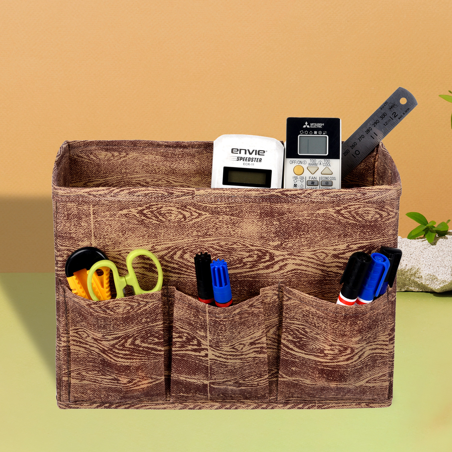 Kuber Industries Stationary Box  Non-Woven Files Organizer for Office  Desk Organizer  Stationary Organizer for Kids Room with 3 Compartment  Storage Box  Small  Wooden