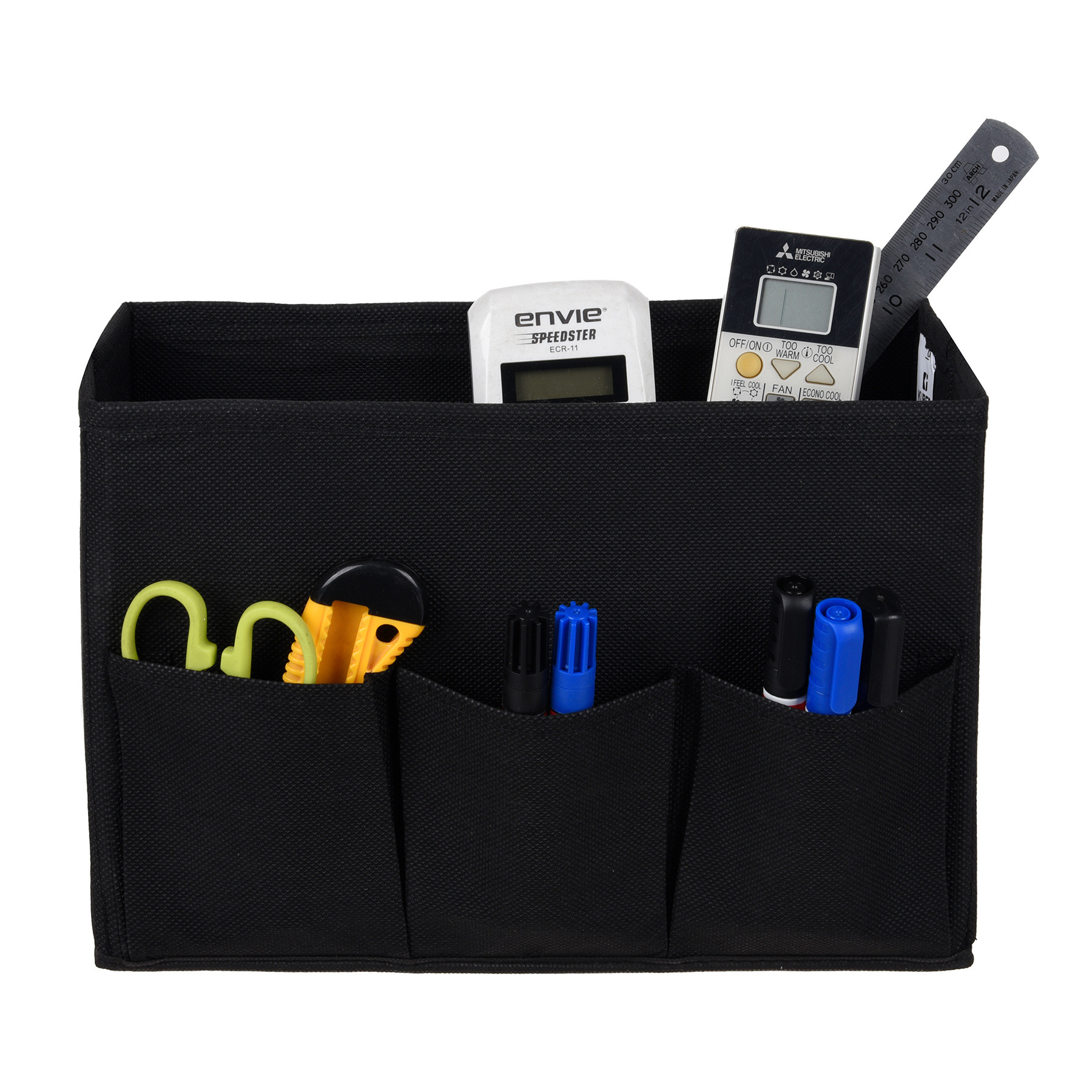 Kuber Industries Stationary Box | Non-Woven Files Organizer for Office | Desk Organizer | Stationary Organizer for Kids Room with 3 Compartment | Plain Storage Box | Small | Black