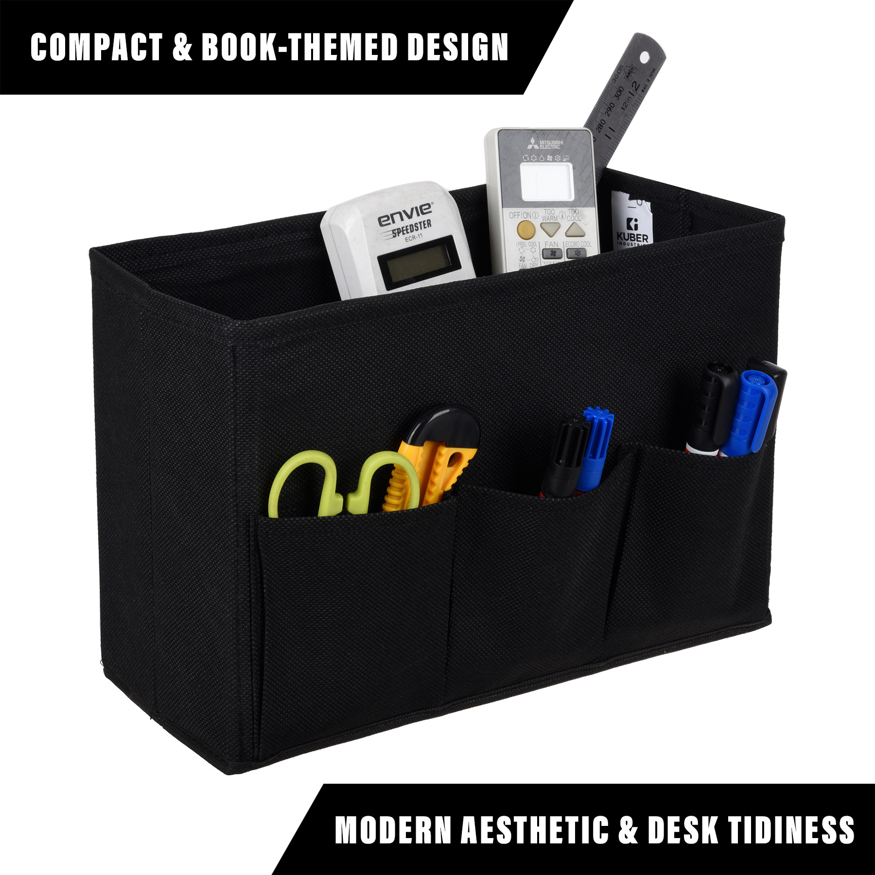 Kuber Industries Stationary Box | Non-Woven Files Organizer for Office | Desk Organizer | Stationary Organizer for Kids Room with 3 Compartment | Plain Storage Box | Small | Black