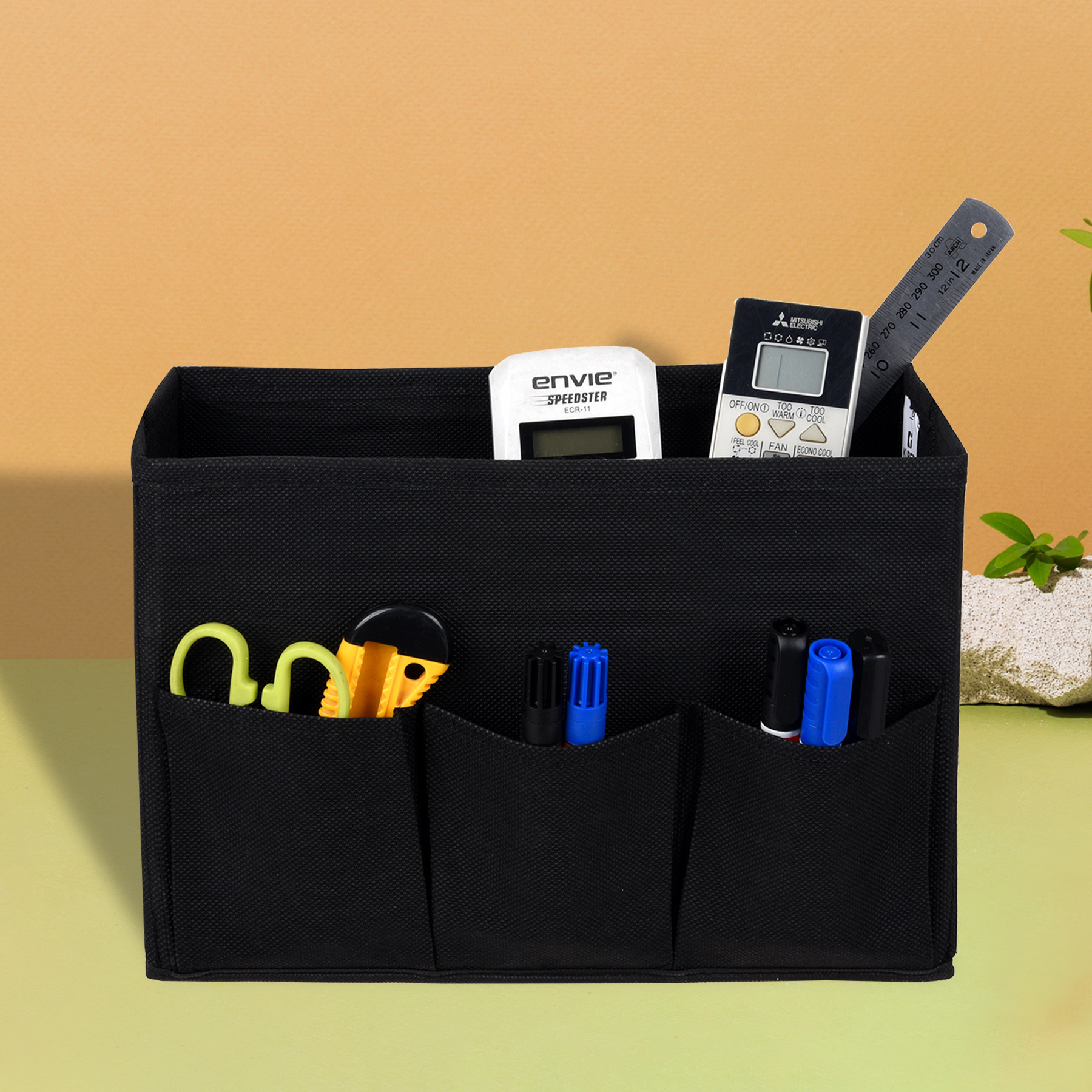 Kuber Industries Stationary Box | Non-Woven Files Organizer for Office | Desk Organizer | Stationary Organizer for Kids Room with 3 Compartment | Plain Storage Box | Small | Black