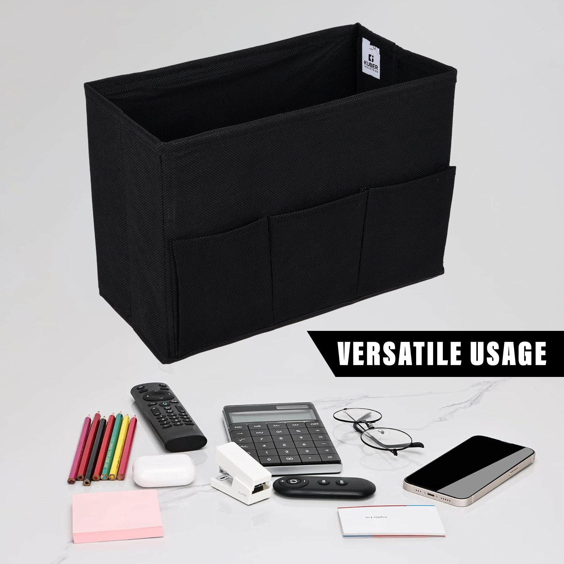 Kuber Industries Stationary Box | Non-Woven Files Organizer for Office | Desk Organizer | Stationary Organizer for Kids Room with 3 Compartment | Plain Storage Box | Small | Black