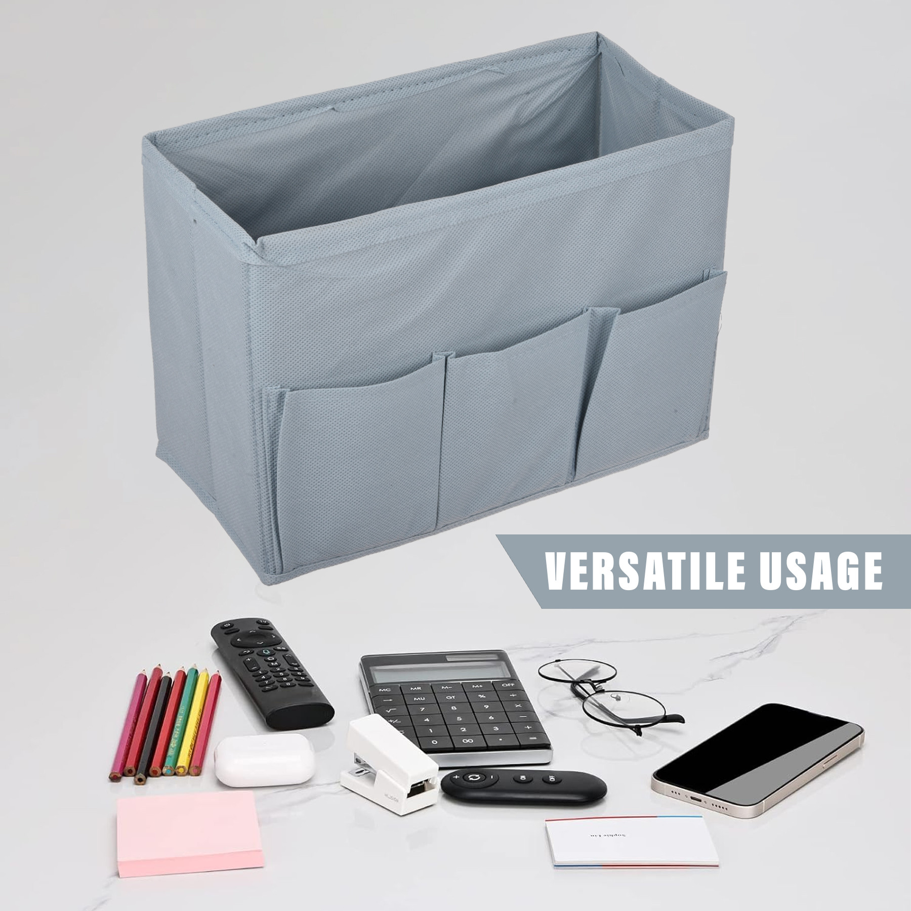 Kuber Industries Stationary Box | Non-Woven Files Organizer for Office | Desk Organizer | Stationary Organizer for Kids Room with 3 Compartment | Plain Storage Box | Small | Gray