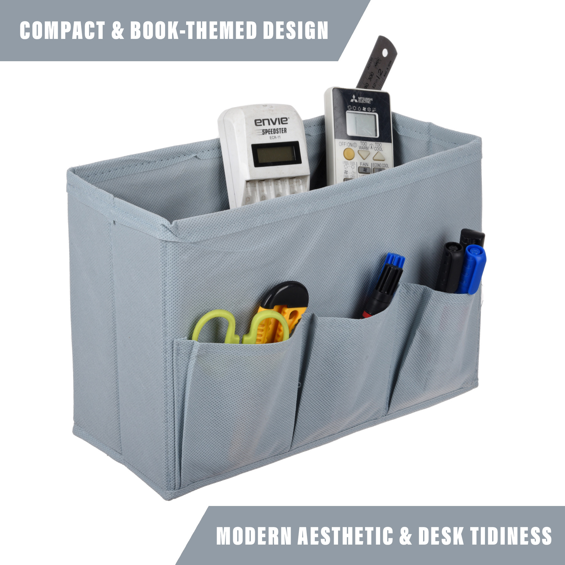 Kuber Industries Stationary Box | Non-Woven Files Organizer for Office | Desk Organizer | Stationary Organizer for Kids Room with 3 Compartment | Plain Storage Box | Small | Gray