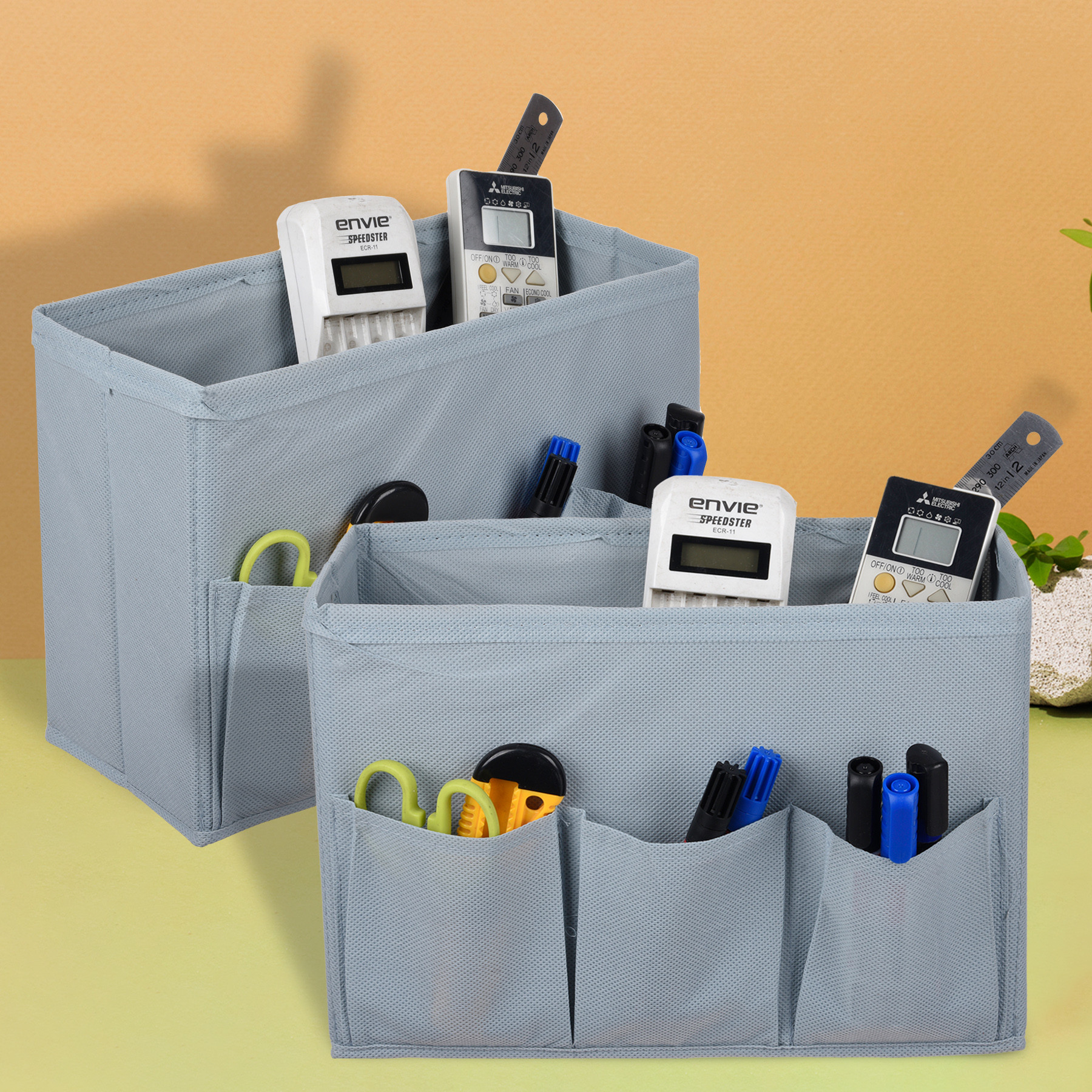 Kuber Industries Stationary Box | Non-Woven Files Organizer for Office | Desk Organizer | Stationary Organizer for Kids Room with 3 Compartment | Plain Storage Box | Small | Gray
