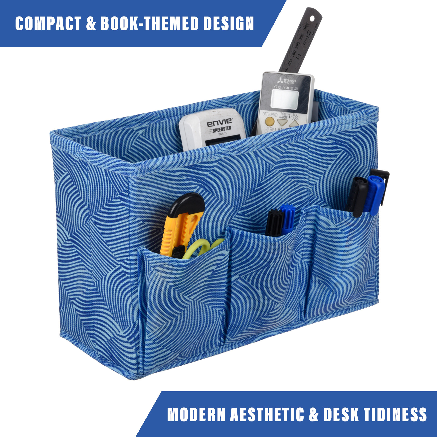 Kuber Industries Stationary Box | Non-Woven Files Organizer for Office | Desk Organizer | Stationary Organizer for Kids Room with 3 Compartment | Zig Zag Storage Box | Small | Blue
