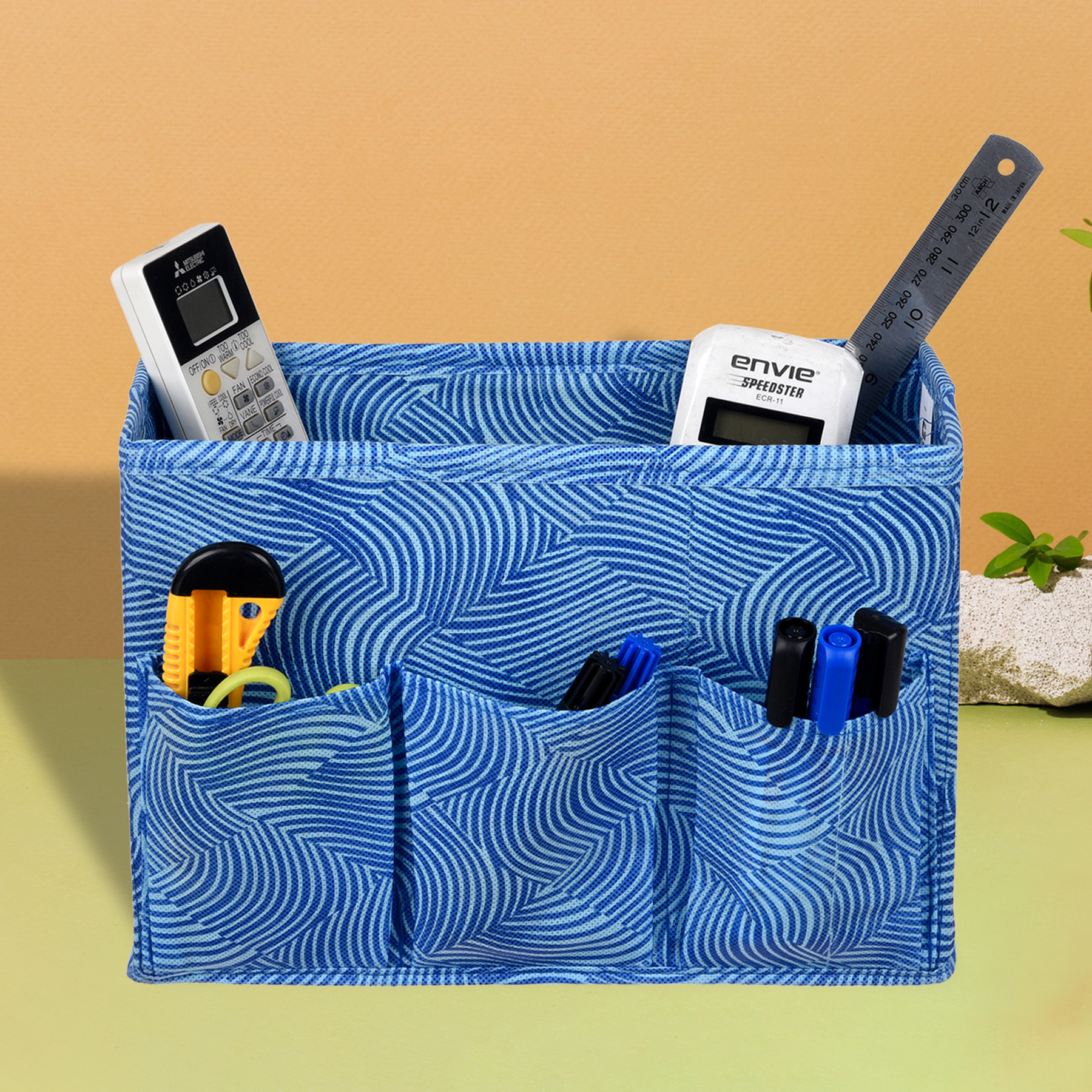 Kuber Industries Stationary Box | Non-Woven Files Organizer for Office | Desk Organizer | Stationary Organizer for Kids Room with 3 Compartment | Zig Zag Storage Box | Small | Blue