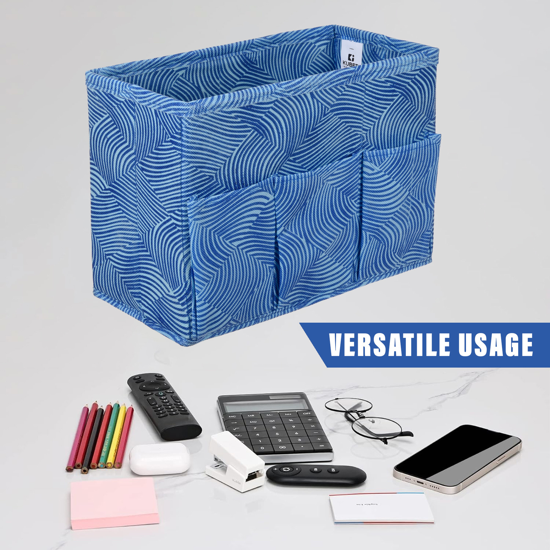Kuber Industries Stationary Box | Non-Woven Files Organizer for Office | Desk Organizer | Stationary Organizer for Kids Room with 3 Compartment | Zig Zag Storage Box | Small | Blue