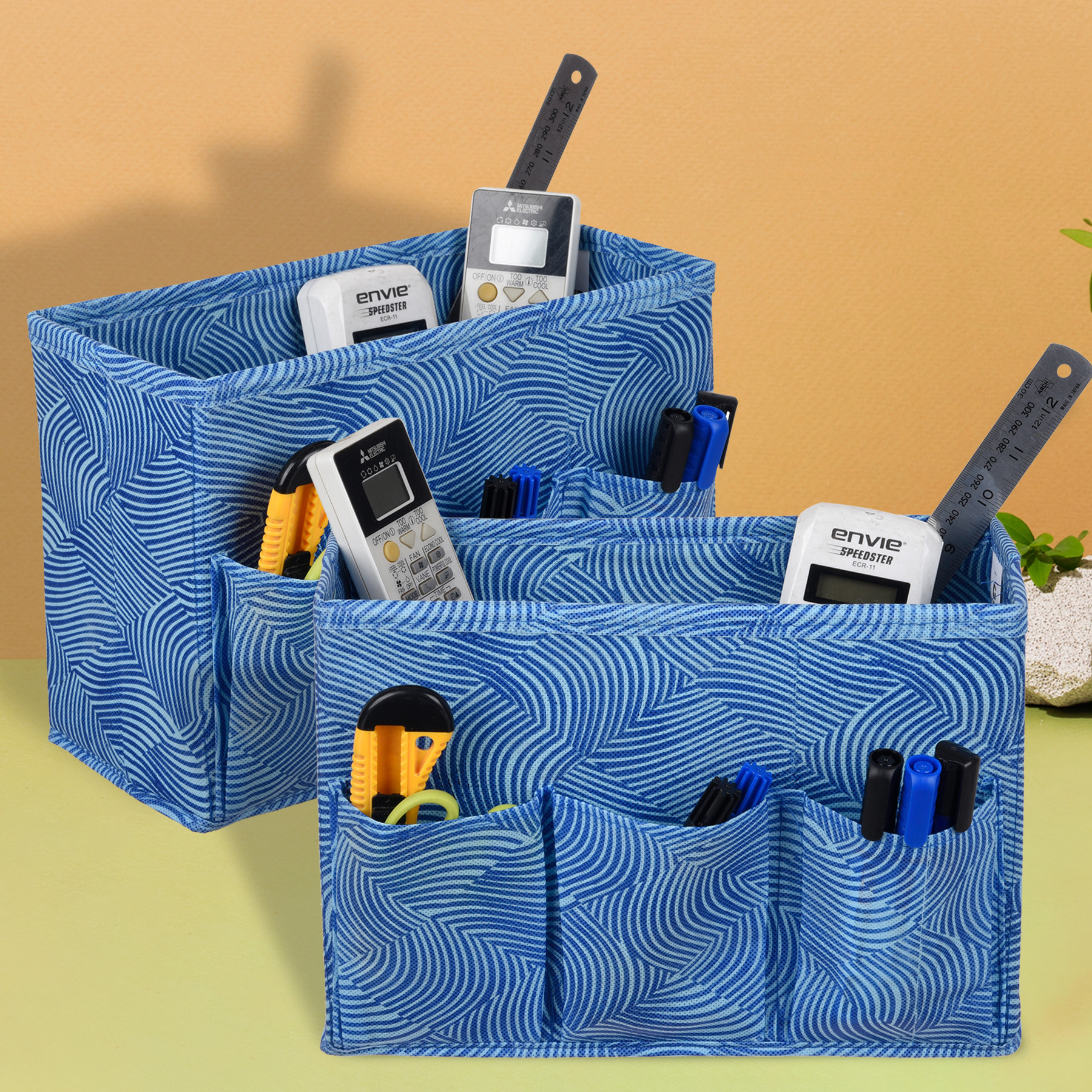 Kuber Industries Stationary Box | Non-Woven Files Organizer for Office | Desk Organizer | Stationary Organizer for Kids Room with 3 Compartment | Zig Zag Storage Box | Small | Blue