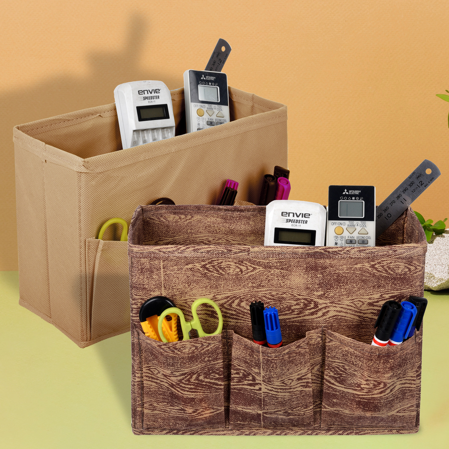 Kuber Industries Stationary Box | Non-Woven Files Organizer for Office | Desk Organizer | Stationary Organizer with 3 Compartment | Storage Box | Small | Pack of 2 | Multicolor