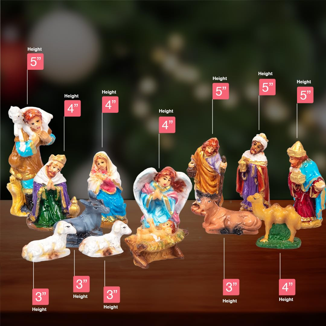 Kuber Industries Statues | Christmas Crib Statues Set | Christmas Decor Set | Christmas Nativity Set | Gleevers Resin Statues | 5 Inch | Set of 13 | Multicolour