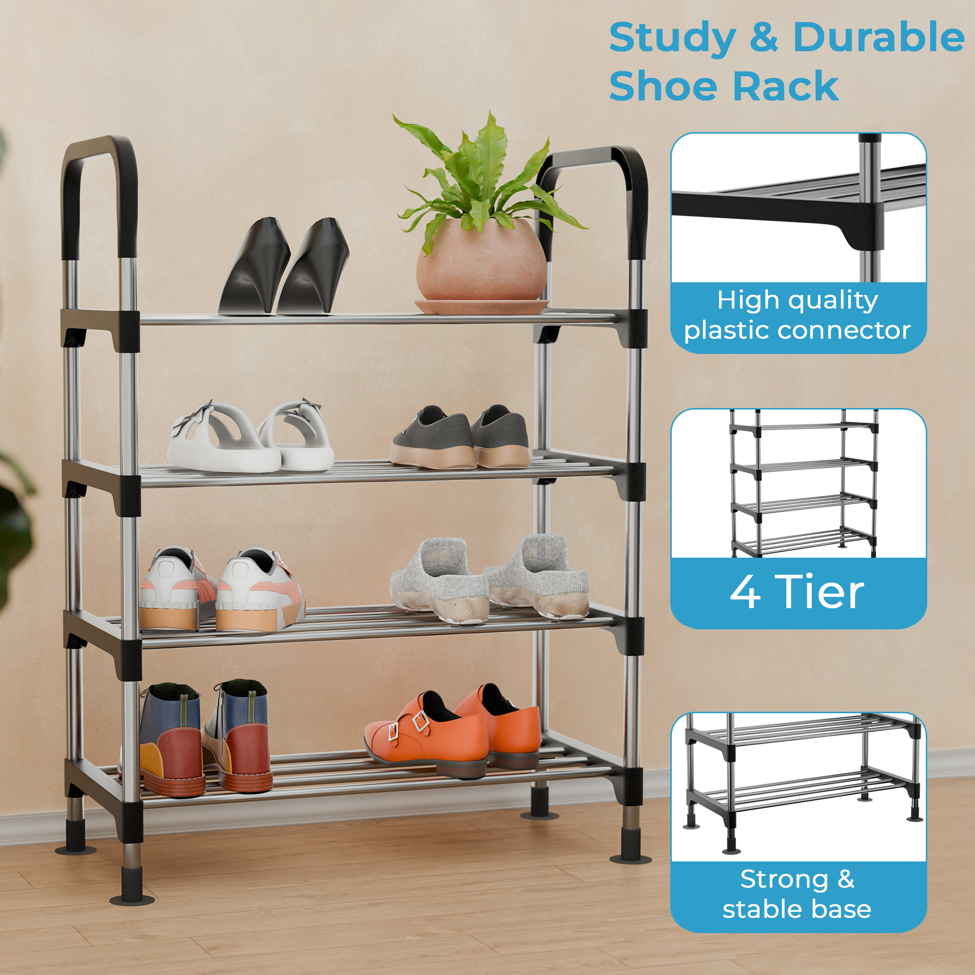 Kuber Industries Steel 4-Tier Stackable Shoe Storage Rack  Footwear Slippers Sandal Chappal Shoe Stand for Home Outdoor Indoor  Multipurpose Foot Shoes Stand for Office  Entryway  Green  Black