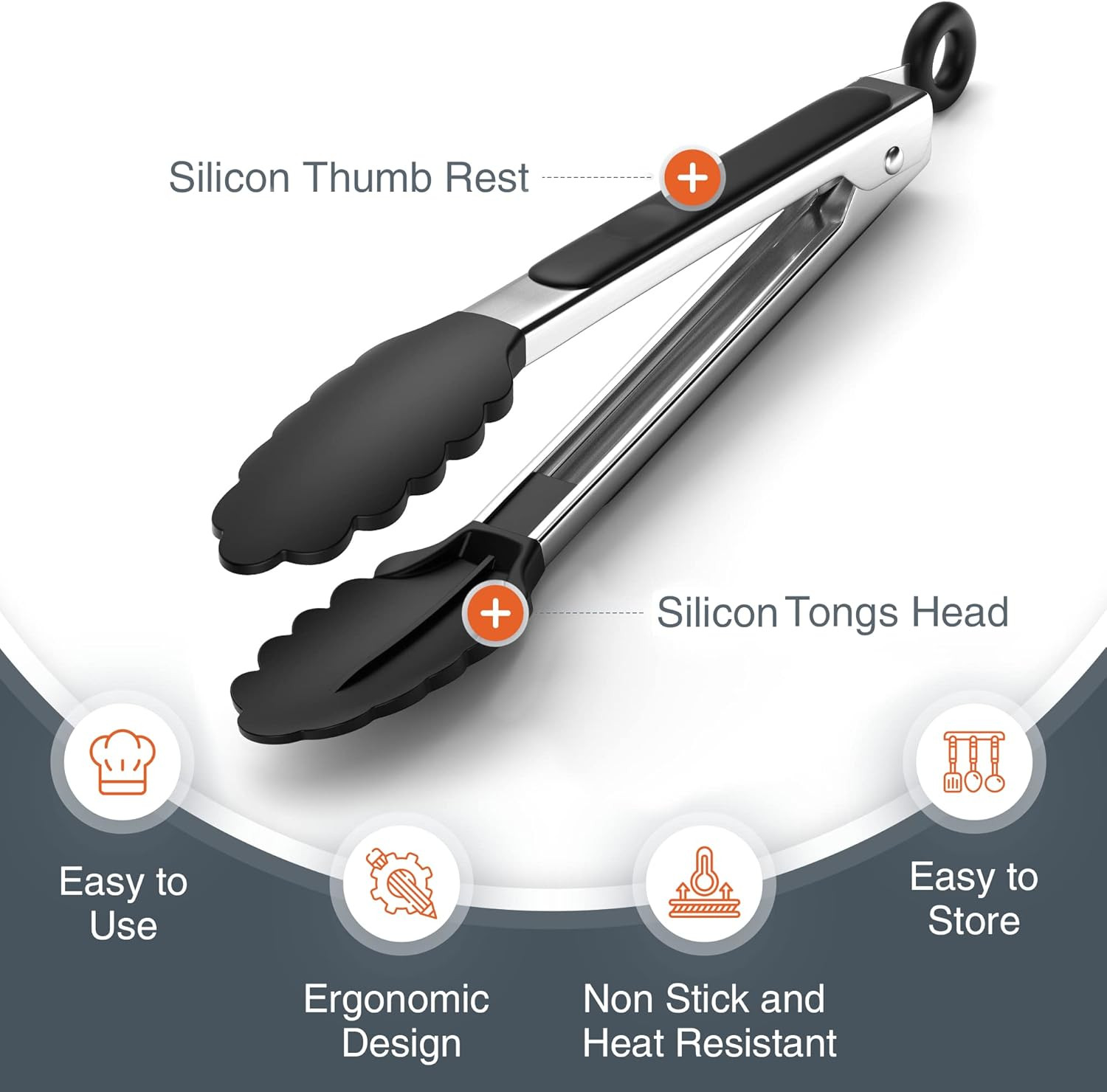 Kuber Industries Steel and Silicone Food Serving Tong with Locking and Grip Handle  Spatula Tong for Kitchen  Cake Ice Cubes Desserts Salad Serving with Non Slip Silicone Tips  HW-6- Black