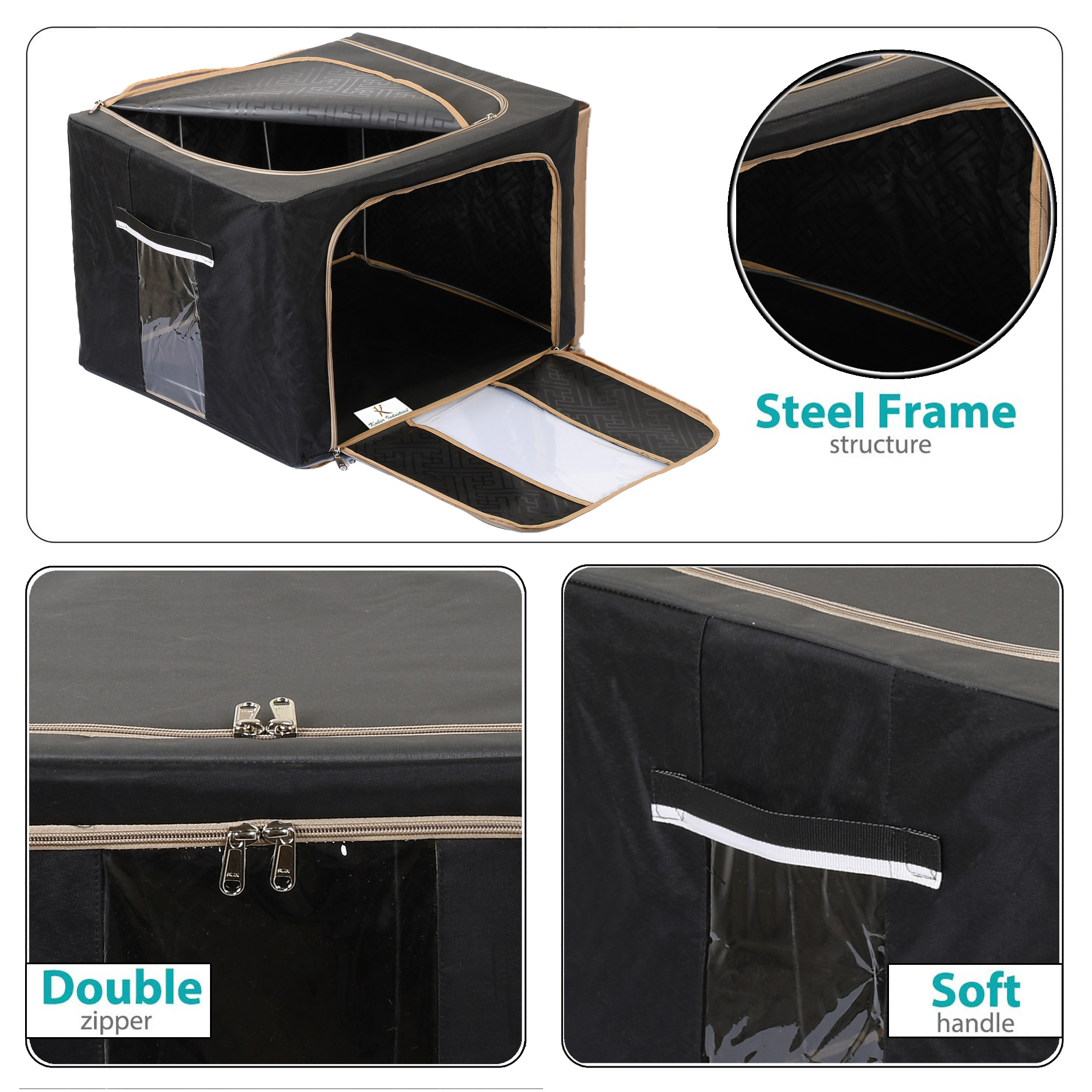 Kuber Industries Steel Frame Storage Box/Organizer For Clothing, Blankets, Bedding With Clear Window, 24Ltr. (Black & Grey)-44KM0289