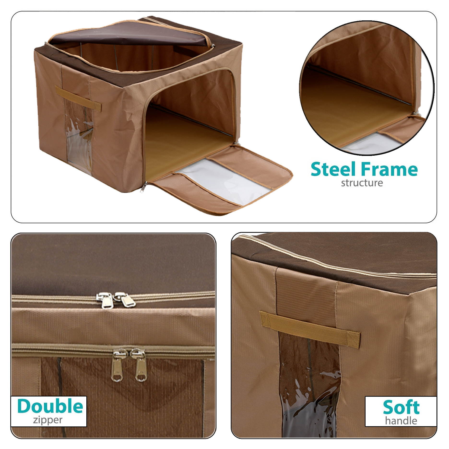 Kuber Industries Steel Frame Storage Box/Organizer For Clothing, Blankets, Bedding With Clear Window, 66Ltr. (Brown)-44KM0305