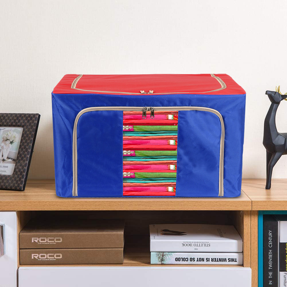 Kuber Industries Steel Frame Storage Box/Organizer For Clothing, Blankets, Bedding With Clear Window, 66Ltr. (Red & Blue)-44KM0309