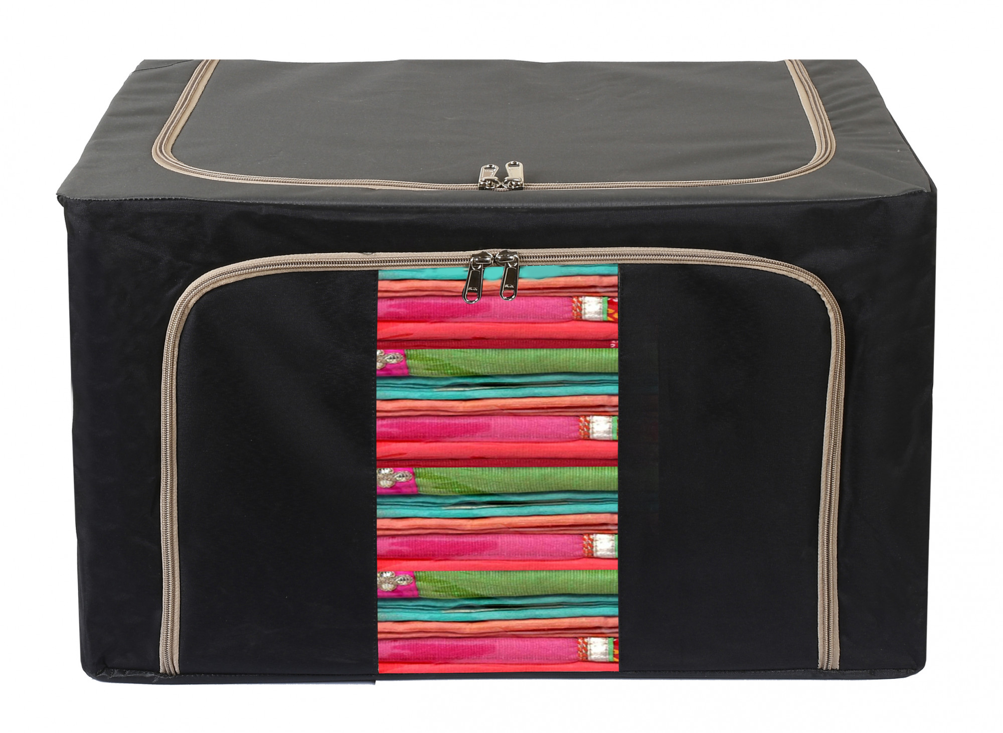 Kuber Industries Steel Frame Storage Box/Organizer For Clothing, Blankets, Bedding With Clear Window, 66Ltr. (Black & Grey)-44KM0313