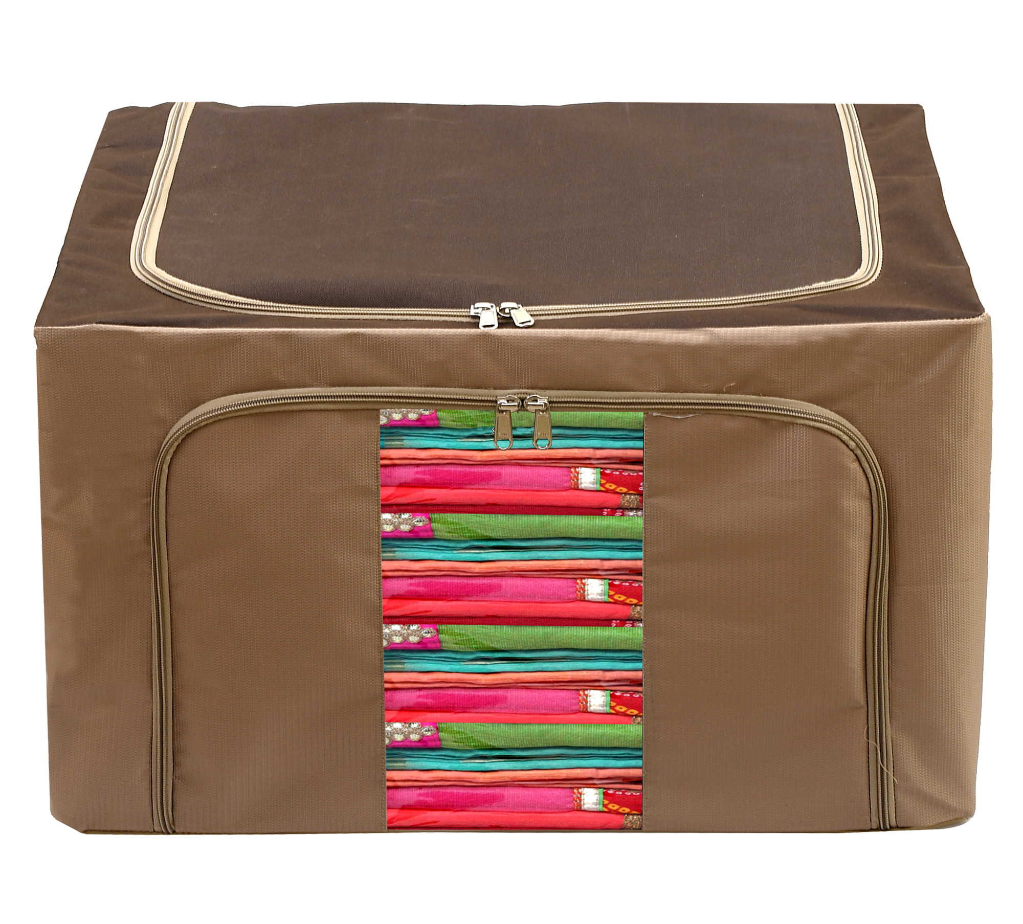 Kuber Industries Steel Frame Storage Box/Organizer For Clothing, Blankets, Bedding With Clear Window, 88Ltr. (Brown)-44KM0317