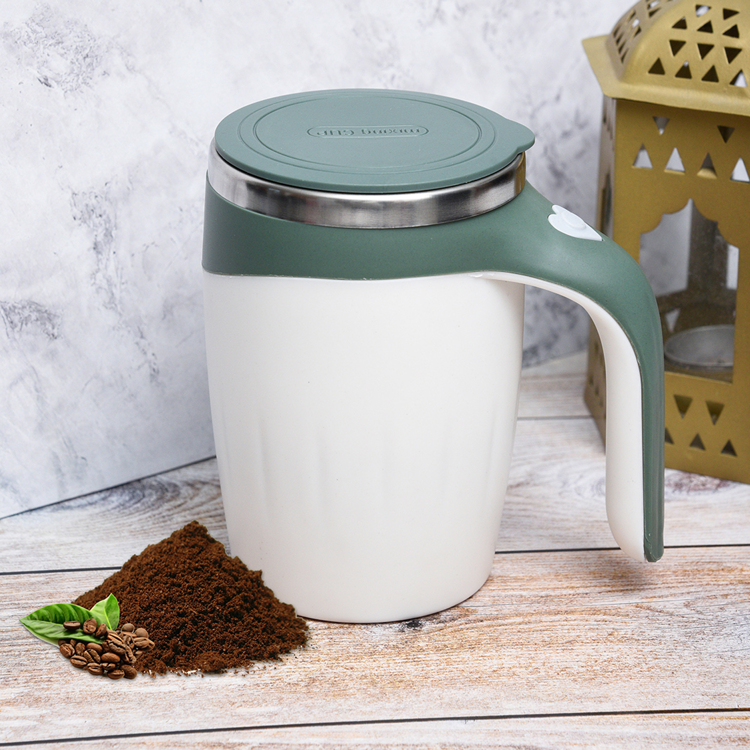 Kuber Industries Stirring Coffee Mug | Magnetic Stirring Coffee Cup | Stainless Steel Mug for Milk | Travel Mixing Cup | Self Stirring Coffee Mug | Battery Operated | 380 ML | Green