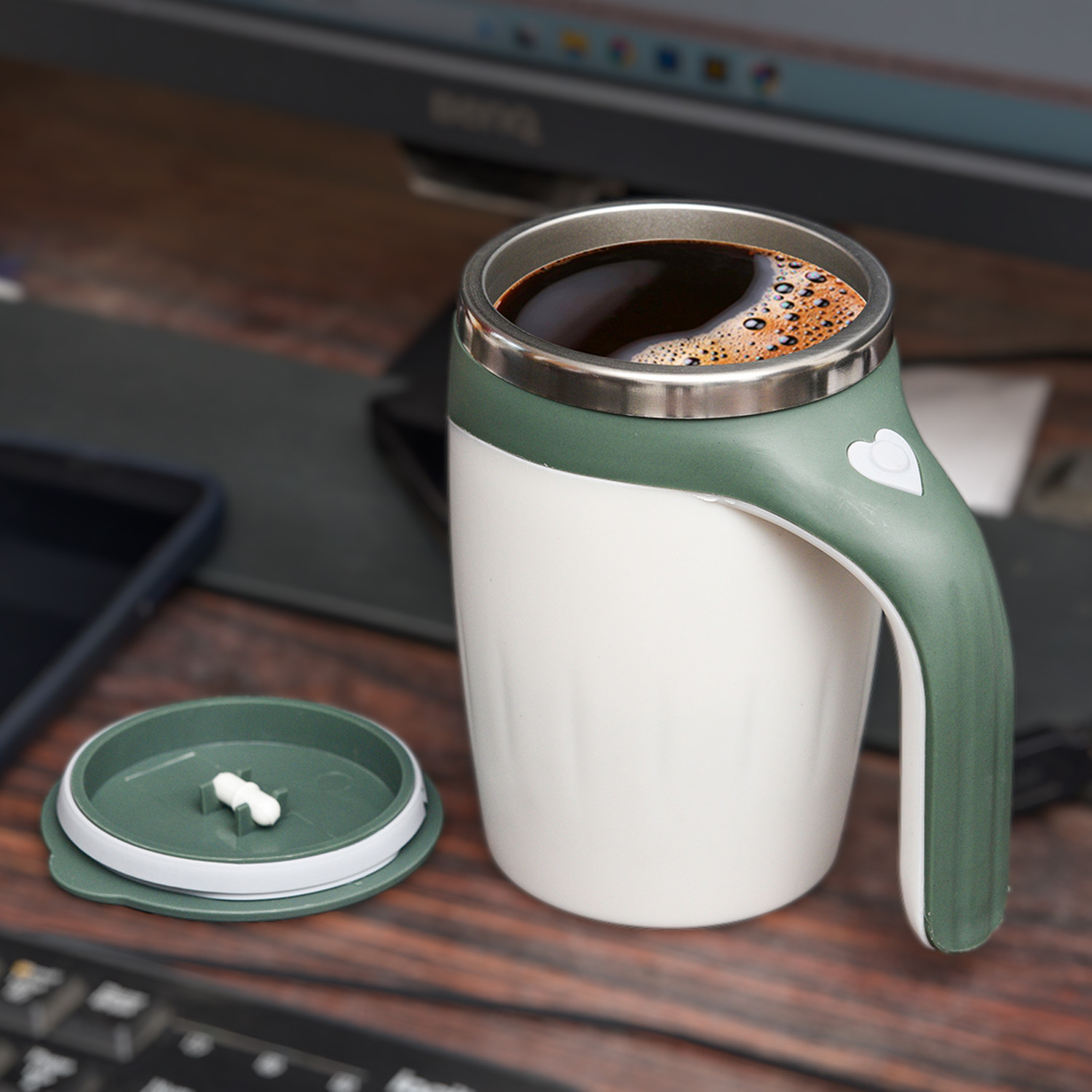 Kuber Industries Stirring Coffee Mug | Magnetic Stirring Coffee Cup | Stainless Steel Mug for Milk | Travel Mixing Cup | Self Stirring Coffee Mug | Battery Operated | 380 ML | Green