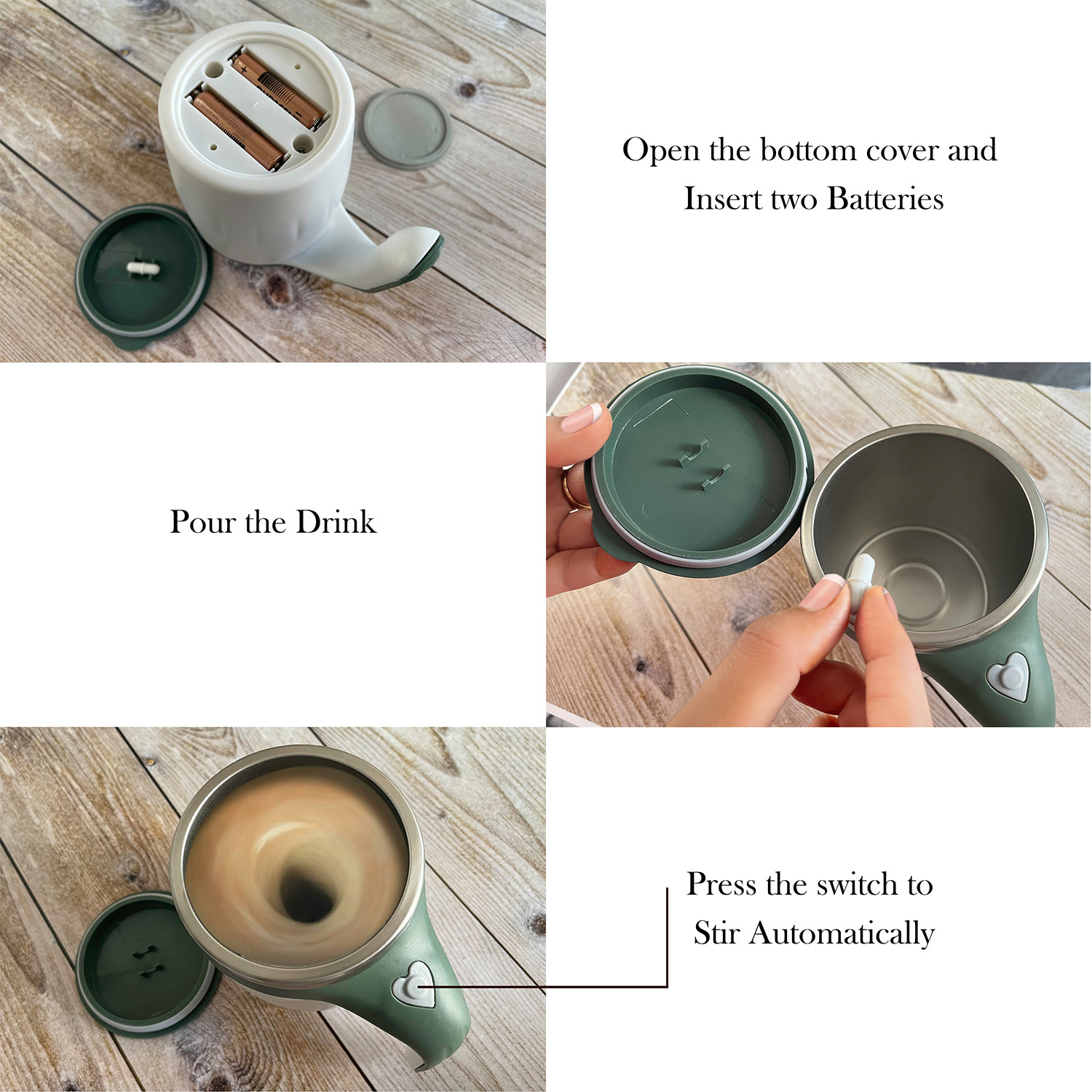 Kuber Industries Stirring Coffee Mug | Magnetic Stirring Coffee Cup | Stainless Steel Mug for Milk | Travel Mixing Cup | Self Stirring Coffee Mug | Battery Operated | 380 ML | Green