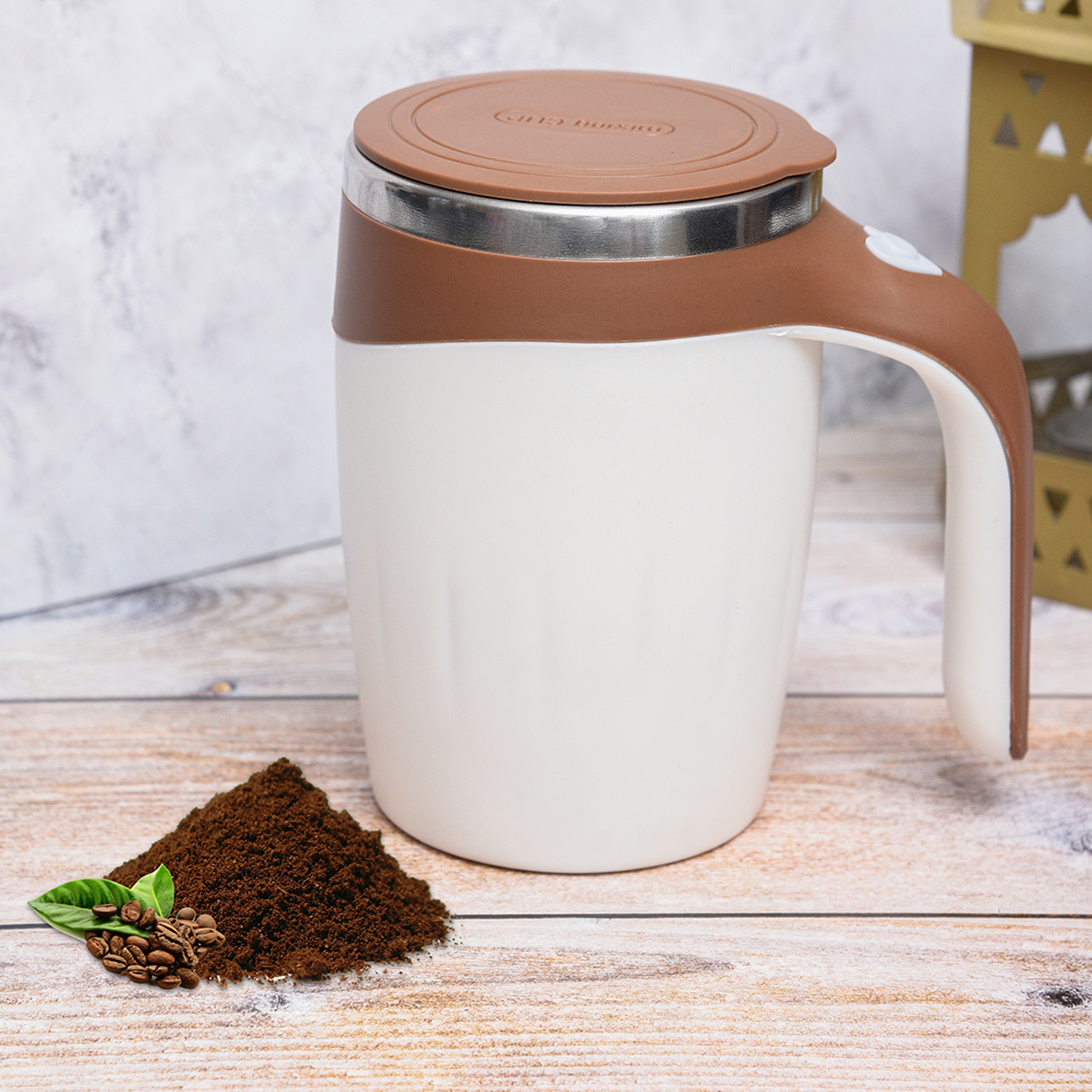 Kuber Industries Stirring Coffee Mug | Magnetic Stirring Coffee Cup | Stainless Steel Mug for Milk | Travel Mixing Cup | Self Stirring Coffee Mug | Battery Operated | 380 ML | Brown